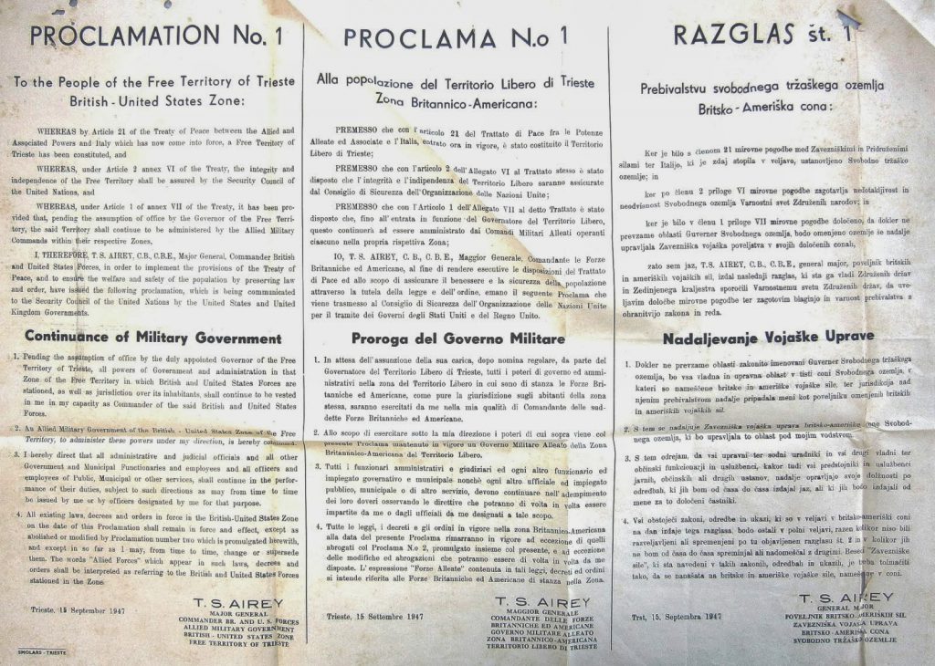 Il Governo Militare Alleato Britannico-Statunitense annuncia con il suo primo Proclama, trilingue, l'indipendenza del Territorio Libero di Trieste.