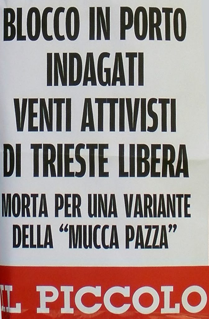 25 febbraio 2014: locandina del giornale locale "IL PICCOLO" che annuncia l'apertura di indagini per 20 attivisti di Trieste Libera colpevoli di aver manifestato nel Porto Franco Nord.