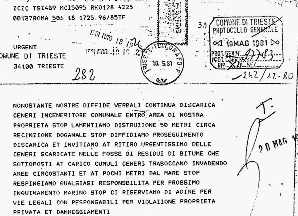 Documento del 1981 relativo alla discarica di ceneri nel Terrapieno di Barcola.