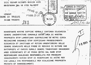 Documento del Protocollo Generale del Comune di Trieste riguardo lo scarico di ceneri che straripano in mare.