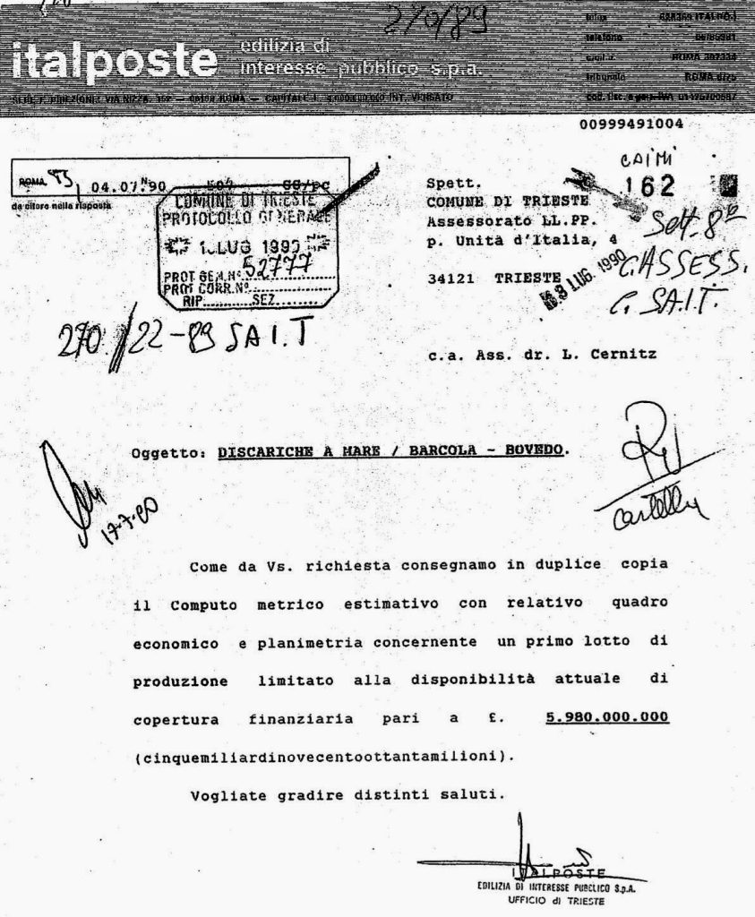 Documento di italposte S.p.A. relativo alla discarica a mare / Barcola Bovedo.