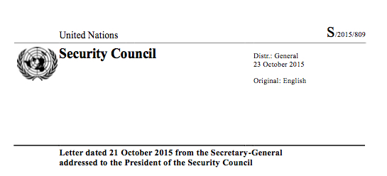 Consiglio di Sicurezza e Free Territory of Trieste: frontespizio del documento S/2015/809.