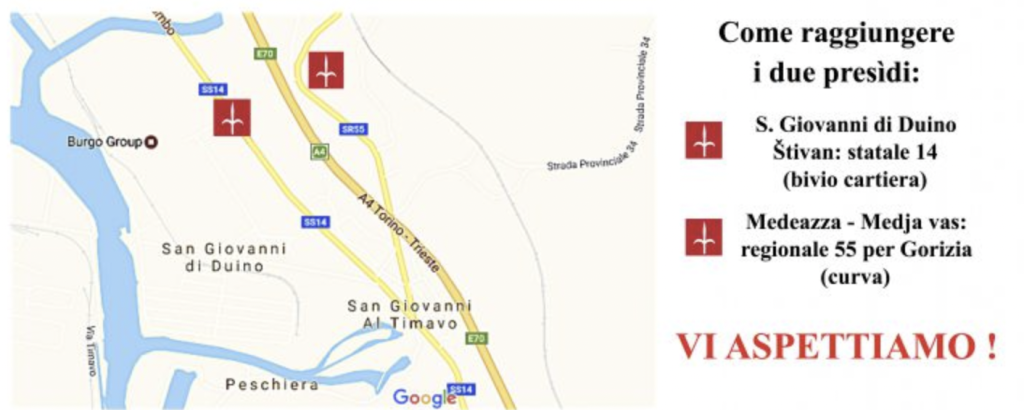 Mappa tratta da Google sulla quale sono individuati due punti in cui Trieste Libera organizza i suoi presìdi: il bivio della cartiera Burgo e la curva della regionale 55 per Gorizia.