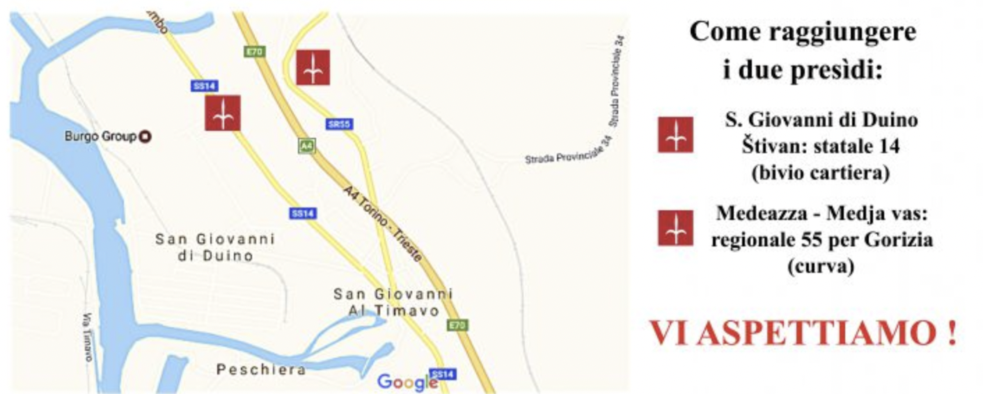 Mappa tratta da Google sulla quale sono individuati due punti in cui Trieste Libera organizza i suoi presìdi: il bivio della cartiera Burgo e la curva della regionale 55 per Gorizia.