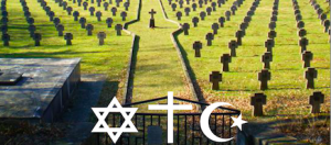 Immagine del cimitero militare di Prosecco - Prosek con sovrapposti i simboli delle tre religioni principali dell'Impero: l'ebraismo, il cristianesimo, l'islàm.