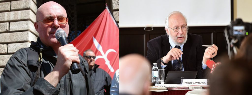 Collage: una foto di Roberto Giurastante davanti al tribunale di Trieste ed una di Paolo G. Parovel in conferenza stampa a Vienna.