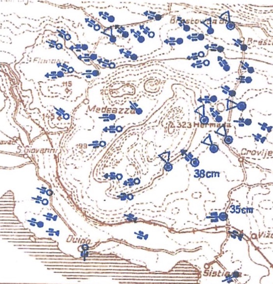 Ubicazione dell'artiglieria austro-ungarica nel settore dell'Hermada nel maggio 1917.