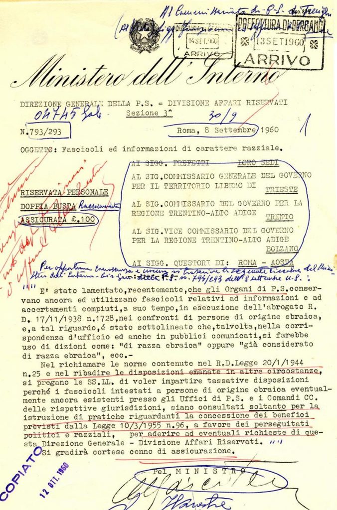 Il documento riservato del 1960 relativo alle schedature razziali. È indirizzato anche al Commissario Generale del Governo per il Territorio Libero di Trieste.