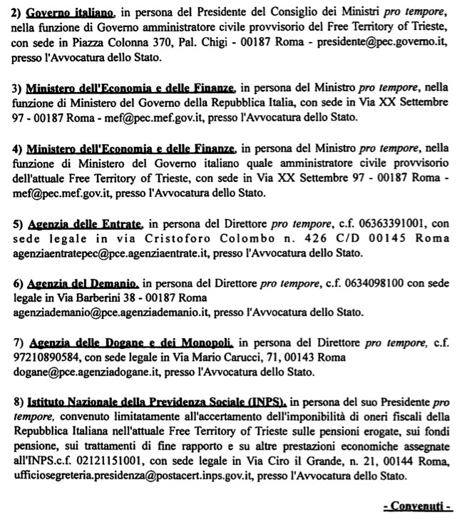 Lista dei convenuti nella causa fiscale 1757/17, attivata dalla I.P.R. F.T.T. e sostenuta da Trieste Libera e centinaia di ricorrenti per ottenere la corretta tassazione del Territorio Libero.