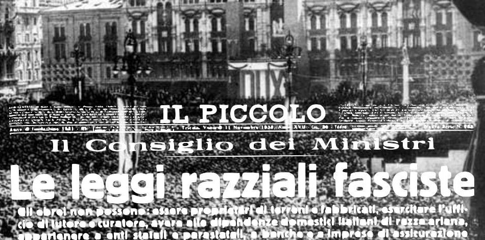 Trieste 1938: epurazioni in atto... Fotocomposizione che sovrappone la notizia data da "Il Piccolo" dell'emenazione delle leggi razziali fasciste con il vergognoso comizio del 18 settembre 1938 con il quale Mussolini ne diede l'annuncio a Trieste.