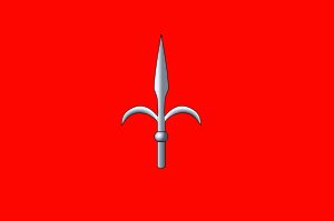 La bandiera di Stato del Territorio Libero di Trieste: alabarda argentea in campo rosso.