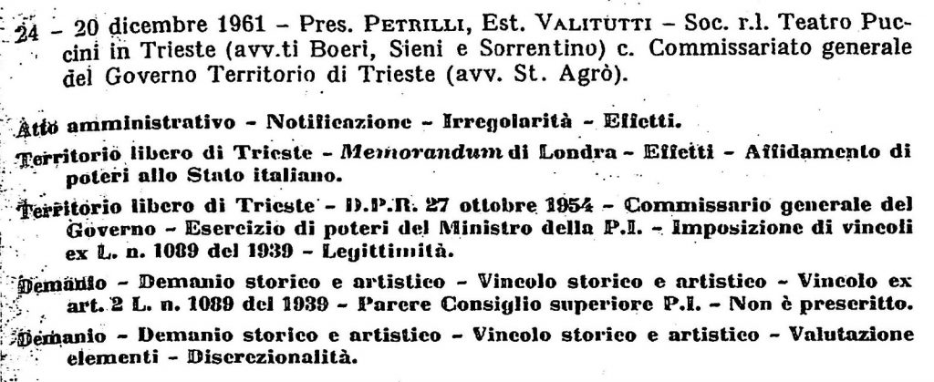 Frontespizio della sentenza N.24/1961 del Consiglio di Stato. In questa sentenza il tribunale riconosceva che il Memorandum d'Intesa di Londra del 1954 non ha restituito Trieste all'Italia.