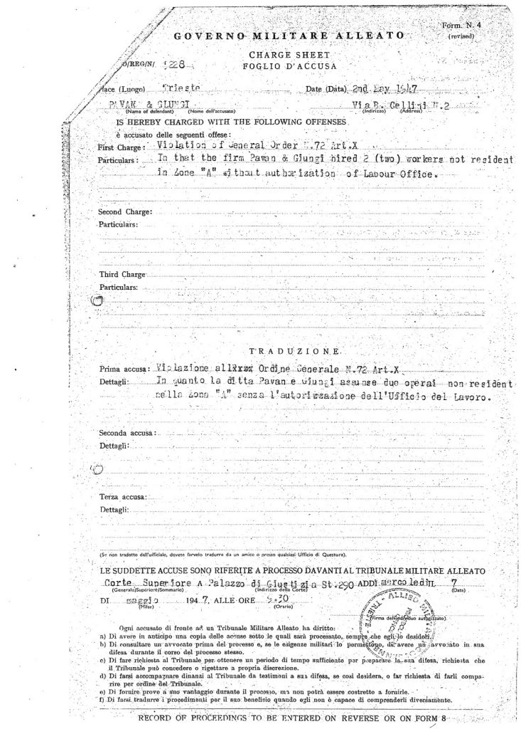 Modulo numero 4 del Governo Militare Alleato, foglio d'accusa bilingue (italiano - inglese) relativo ad un processo tenuto nel maggio 1947.