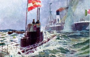 Una cartolina della Prima Guerra Mondiale: in primo piano un sommergibile austriaco, sullo sfondo una nave italiana.