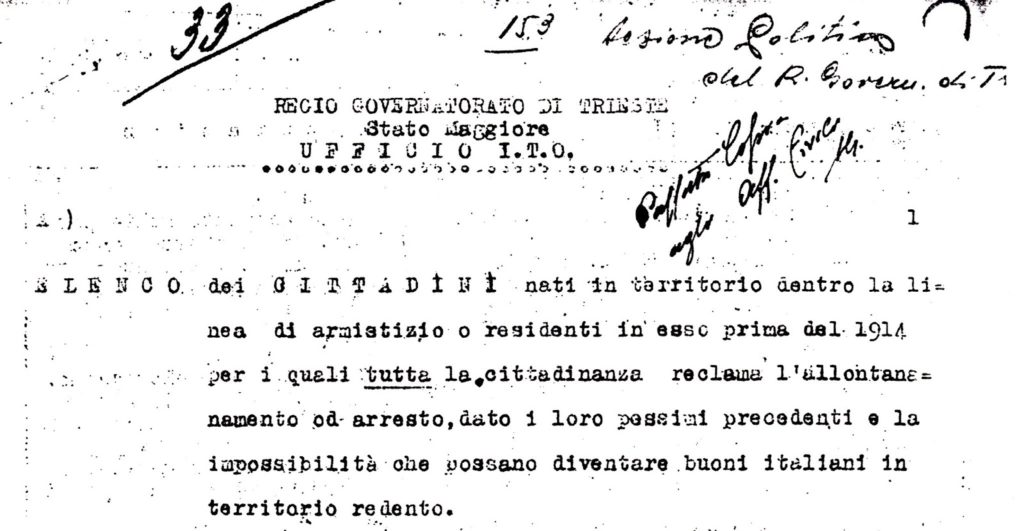 Intestazione dell'ufficio I.T.O. con l'elenco dei cittadini con "pessimi precedenti" che non possono "diventare buoni italiani in territorio redento".