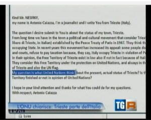 Screenshot del TG3 con l'email di Antonio Caiazza indirizzata all'ONU riguardo lo status di Trieste