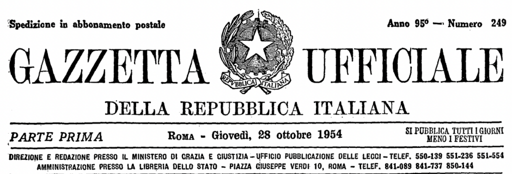 Frontespizio della Gazzetta Ufficiale in cui il Governo italiano dichiara di amministrare il Territorio Libero di Trieste in continuità con il Governo Militare Alleato Britannico-Statunitense. Amministrazione, non sovranità.