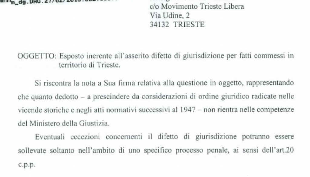 Il Ministero della Giustizia risponde a Trieste Libera