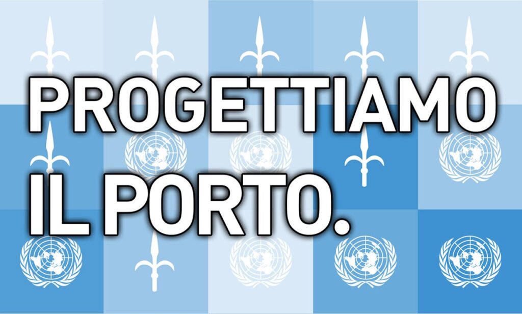 Logo della conferenza "Progettiamo il Porto" indetta da Trieste Libera nel 2012: alabarde di Trieste e loghi dell'ONU in varie icone quadrate e varie sfumature di azzurro e blu.